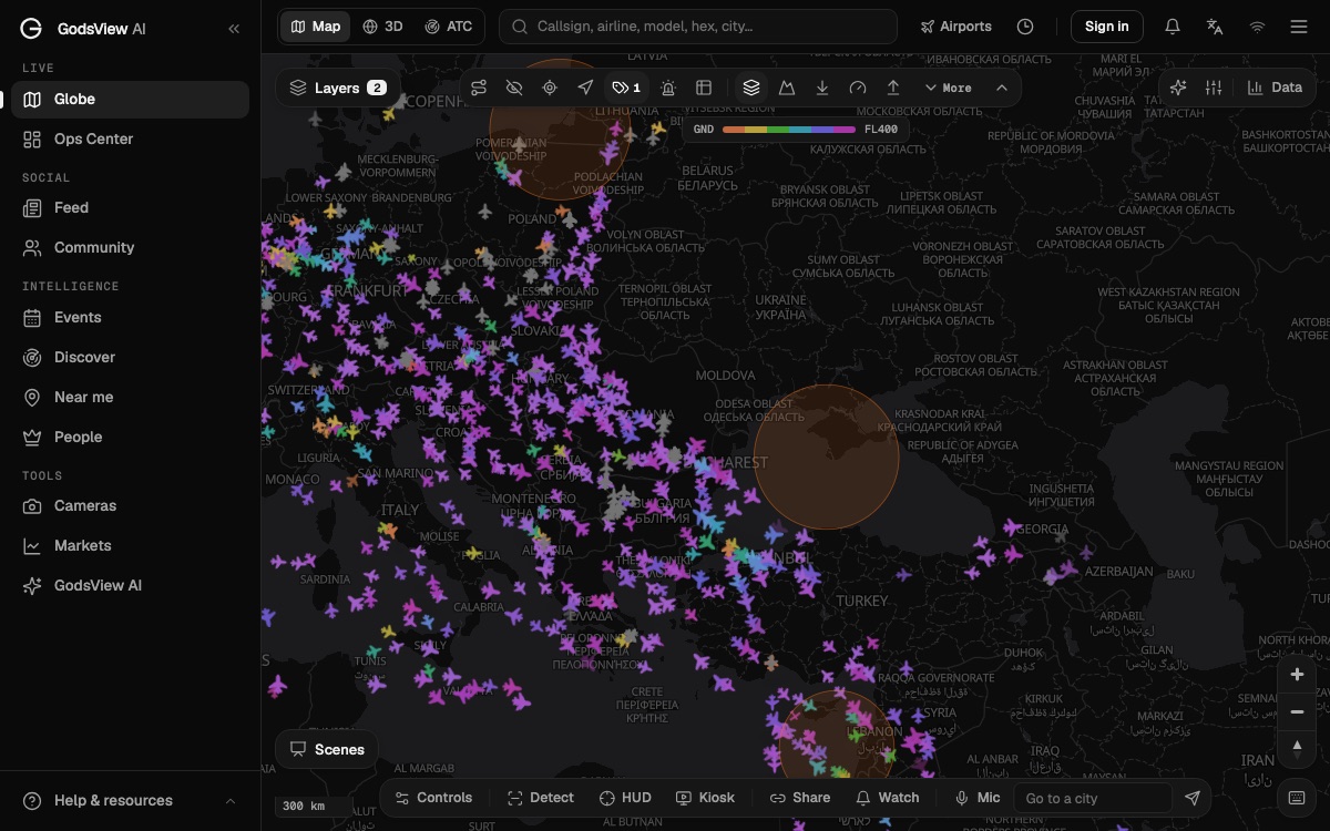 GPS interference zones over the Baltic, Black Sea and eastern Mediterranean with live aircraft on GodsView