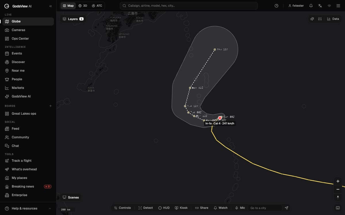 Super Typhoon In-fa on the GodsView storm tracks layer: observed track in yellow, dashed forecast line with dated points and the white forecast cone curving north