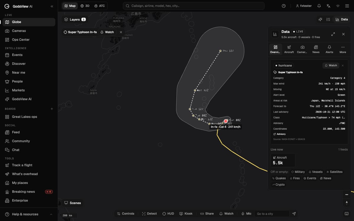 Storm details for Super Typhoon In-fa in the GodsView data panel: category, max wind, movement, alert level, areas at risk and last advisory time