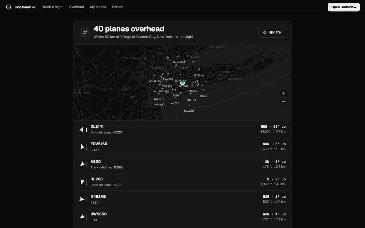 GodsView What's overhead page listing 40 planes within 60 km of Garden City, New York, with direction, elevation angle, altitude and distance for each