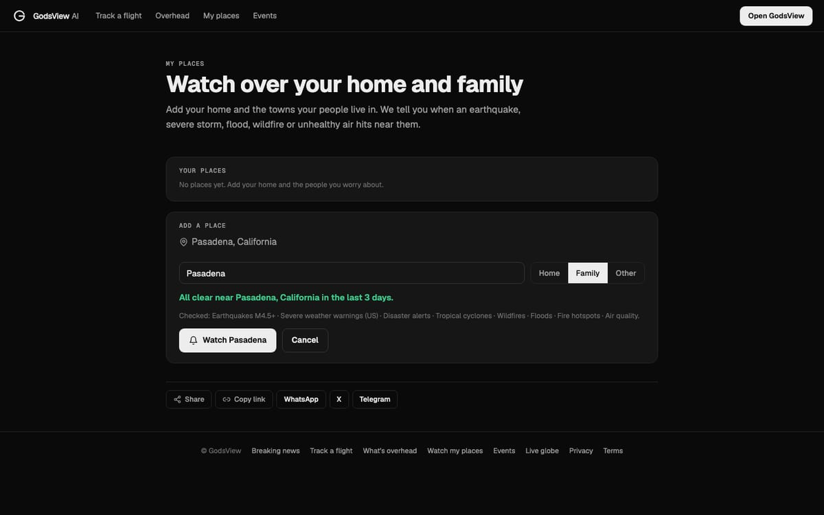 Adding Pasadena, California as a Family place on the GodsView My places page, with the all-clear check for the last three days