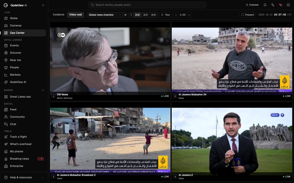 The GodsView Ops Center video wall in a 2x2 layout showing DW News and three Al Jazeera channels live
