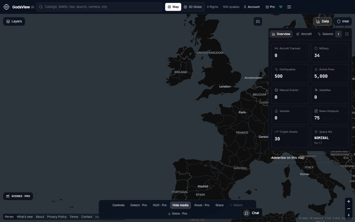 GodsView AI data panel open beside a clean flight map with Aircraft filter on