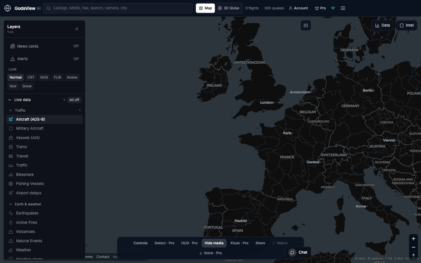 GodsView AI Layers panel with only Aircraft (ADS-B) turned on over the North Atlantic