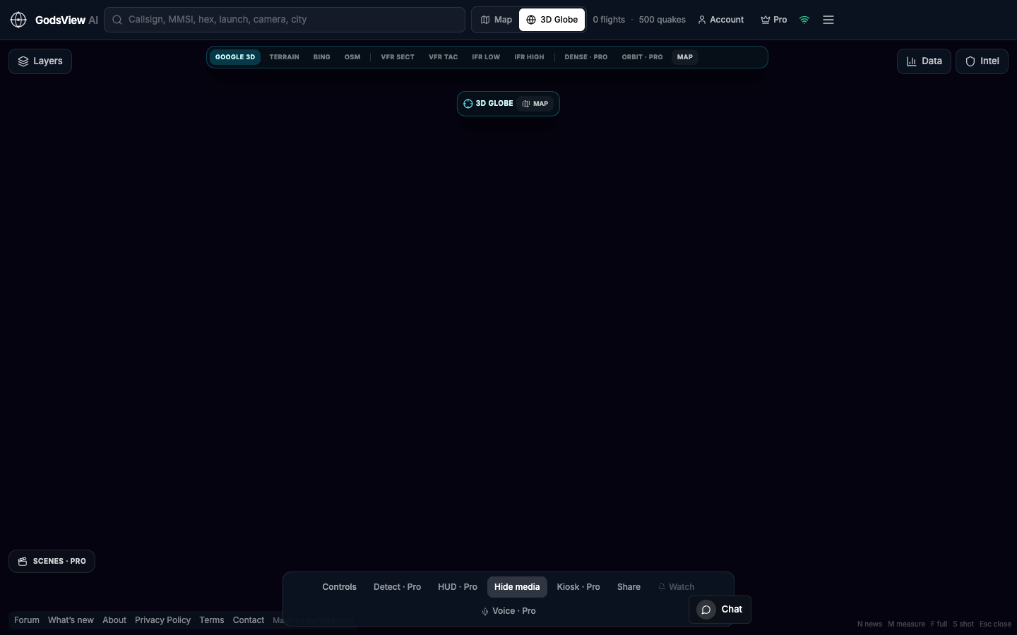 GodsView AI 3D globe with only Aircraft (ADS-B) enabled