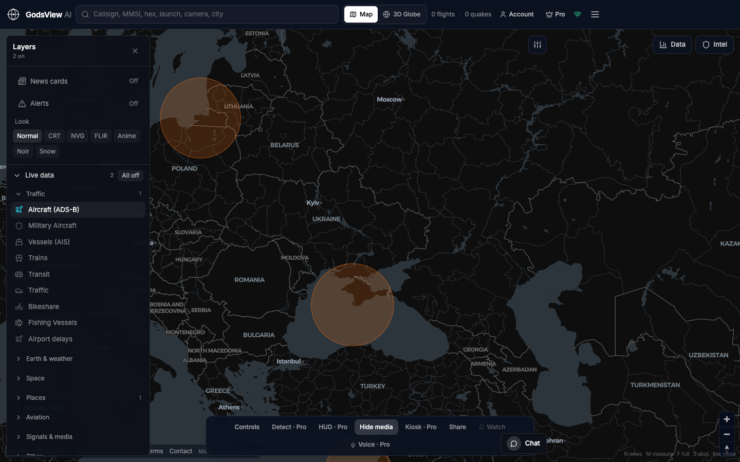 GodsView AI Layers panel with GPS jamming and Aircraft filters on over eastern Europe