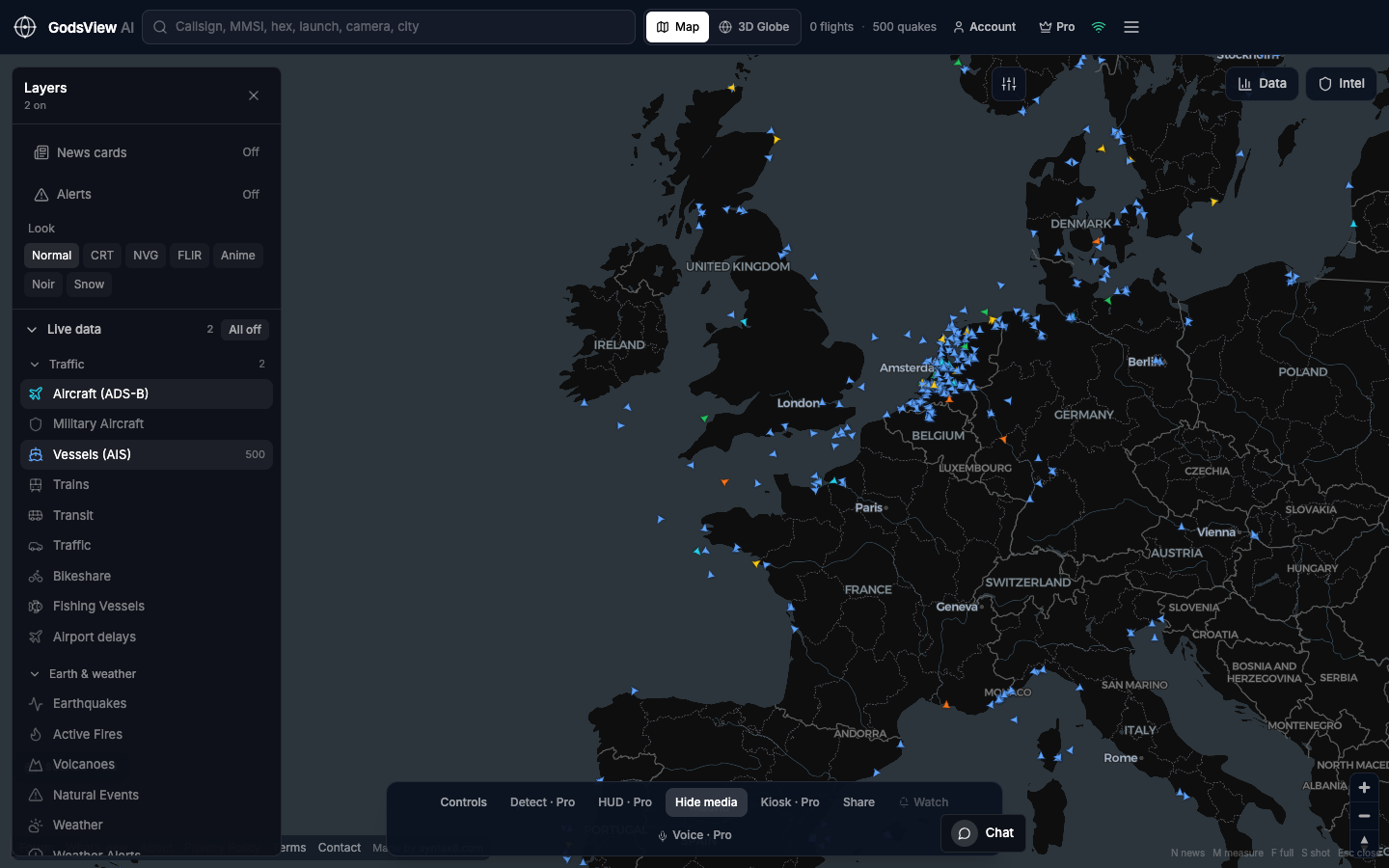 GodsView AI live map with Layers open: Aircraft and Vessels filters on over Europe and the Atlantic