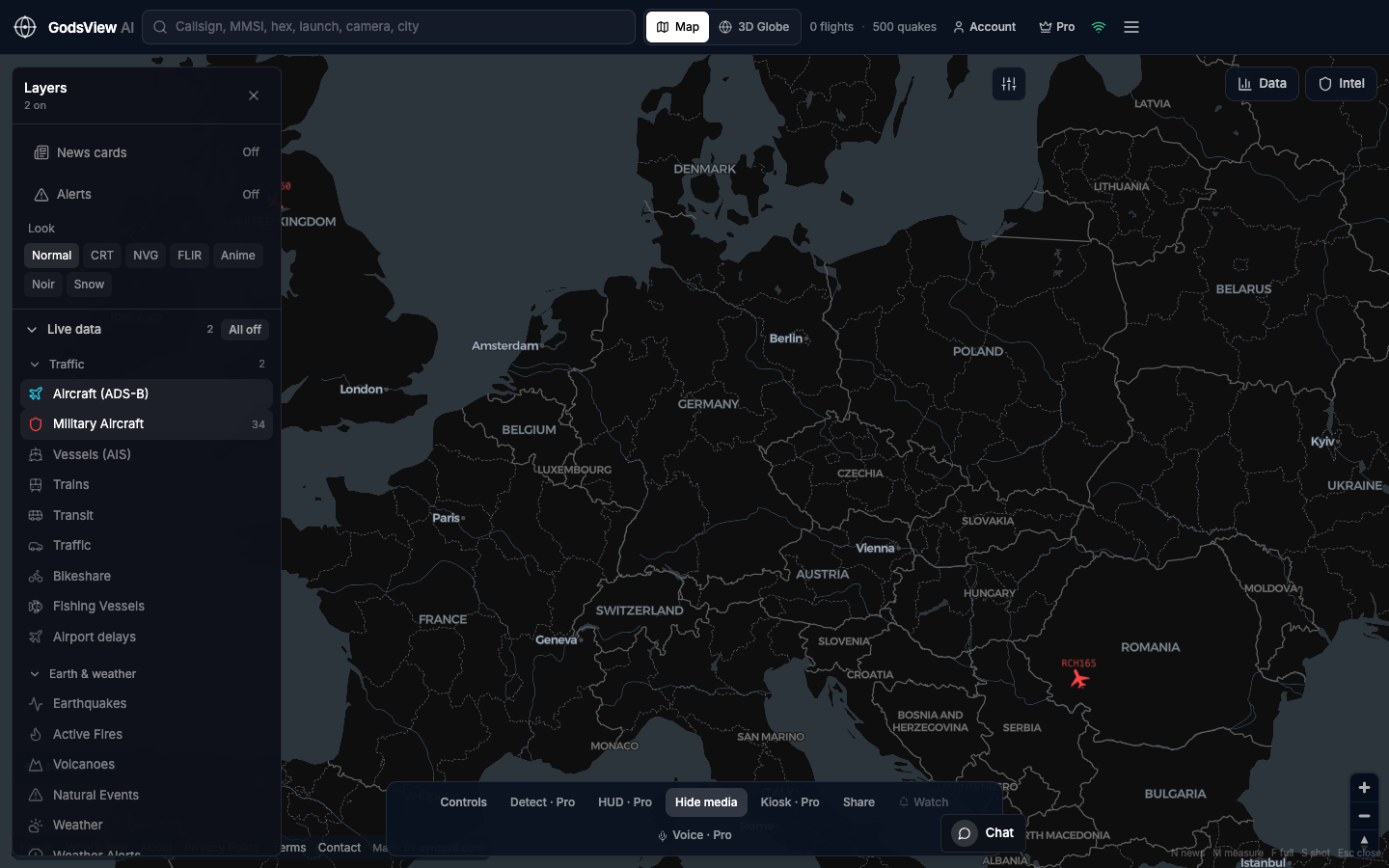 GodsView AI Layers panel with Aircraft and Military Aircraft filters on over Europe