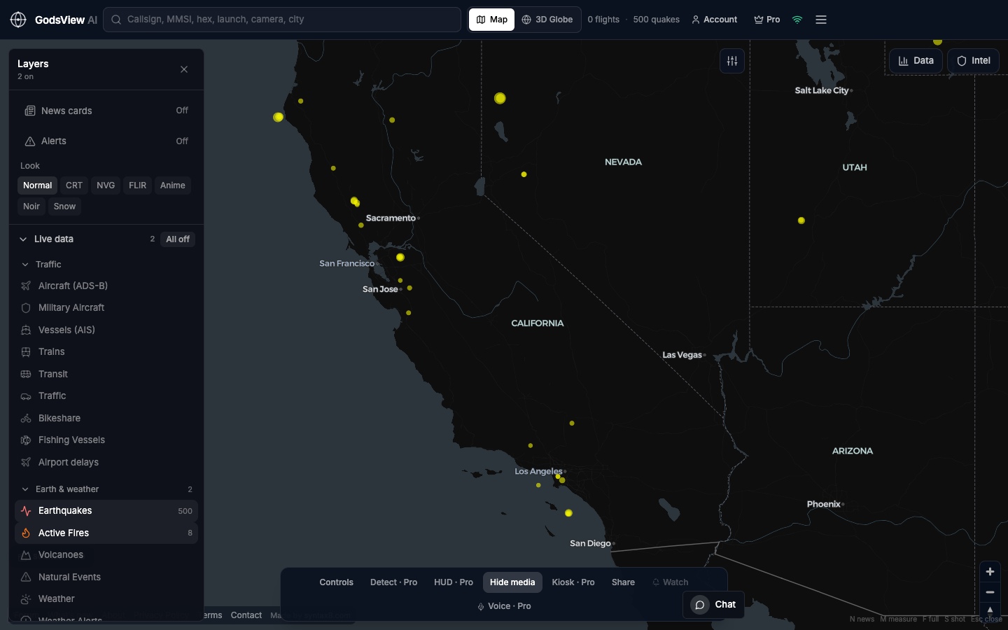 GodsView AI Layers panel with only Earthquakes and Active Fires turned on