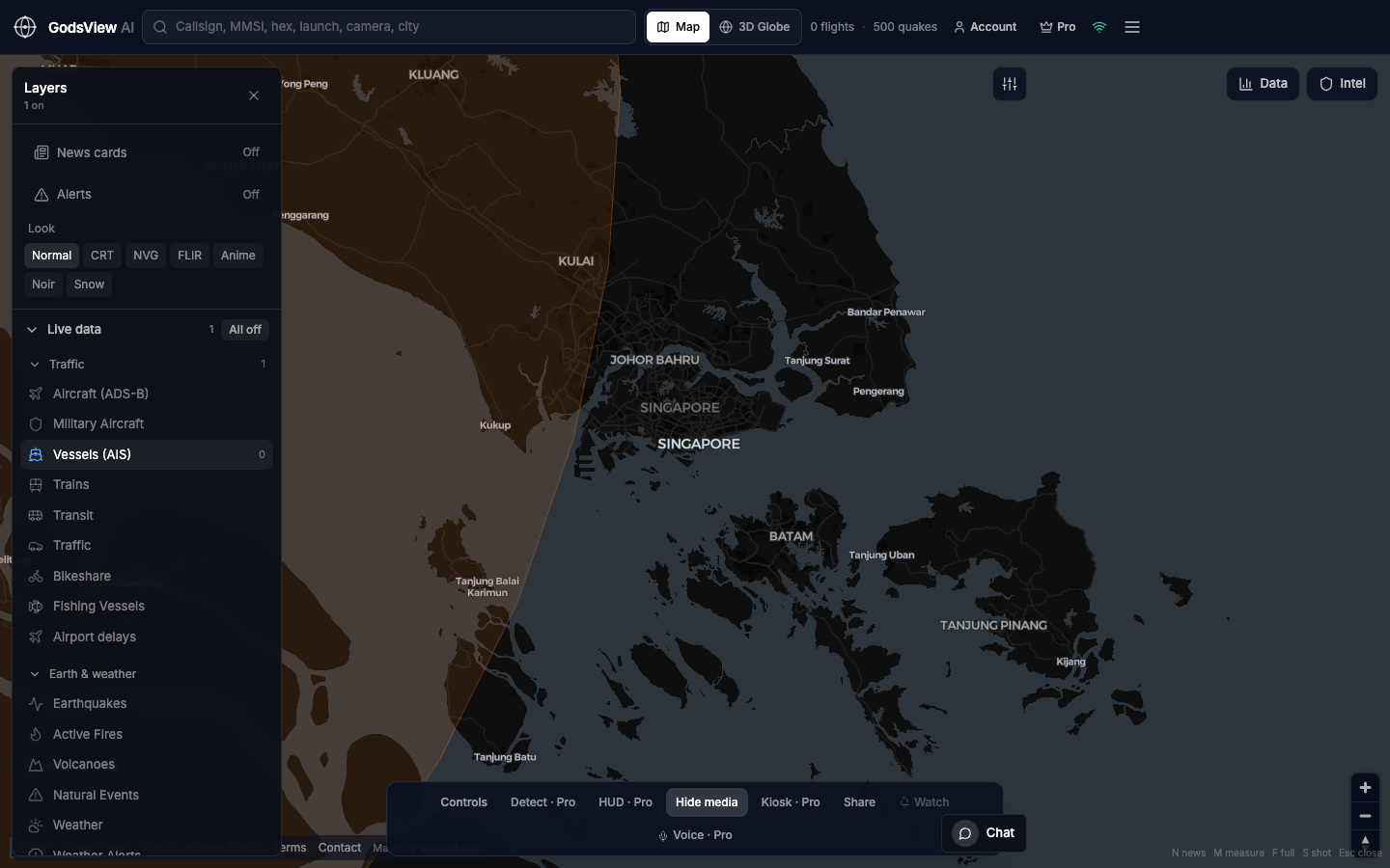 GodsView AI Layers panel with only Vessels (AIS) turned on in a busy strait