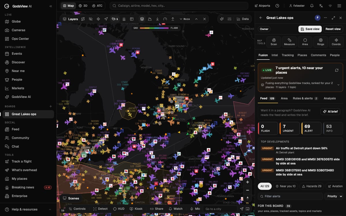 A GodsView board over the Great Lakes with the Fusion feed open: urgent alerts, priority counts and top developments