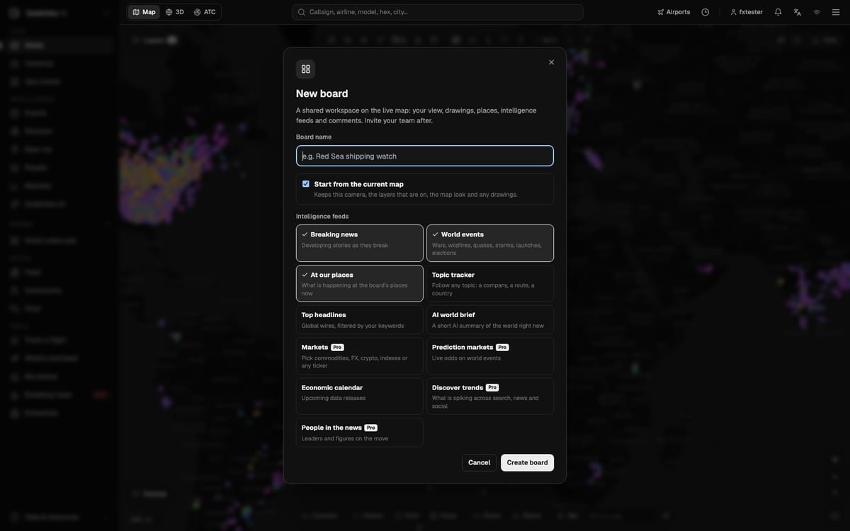The GodsView New board dialog: board name, start from the current map, and the intelligence feeds to include