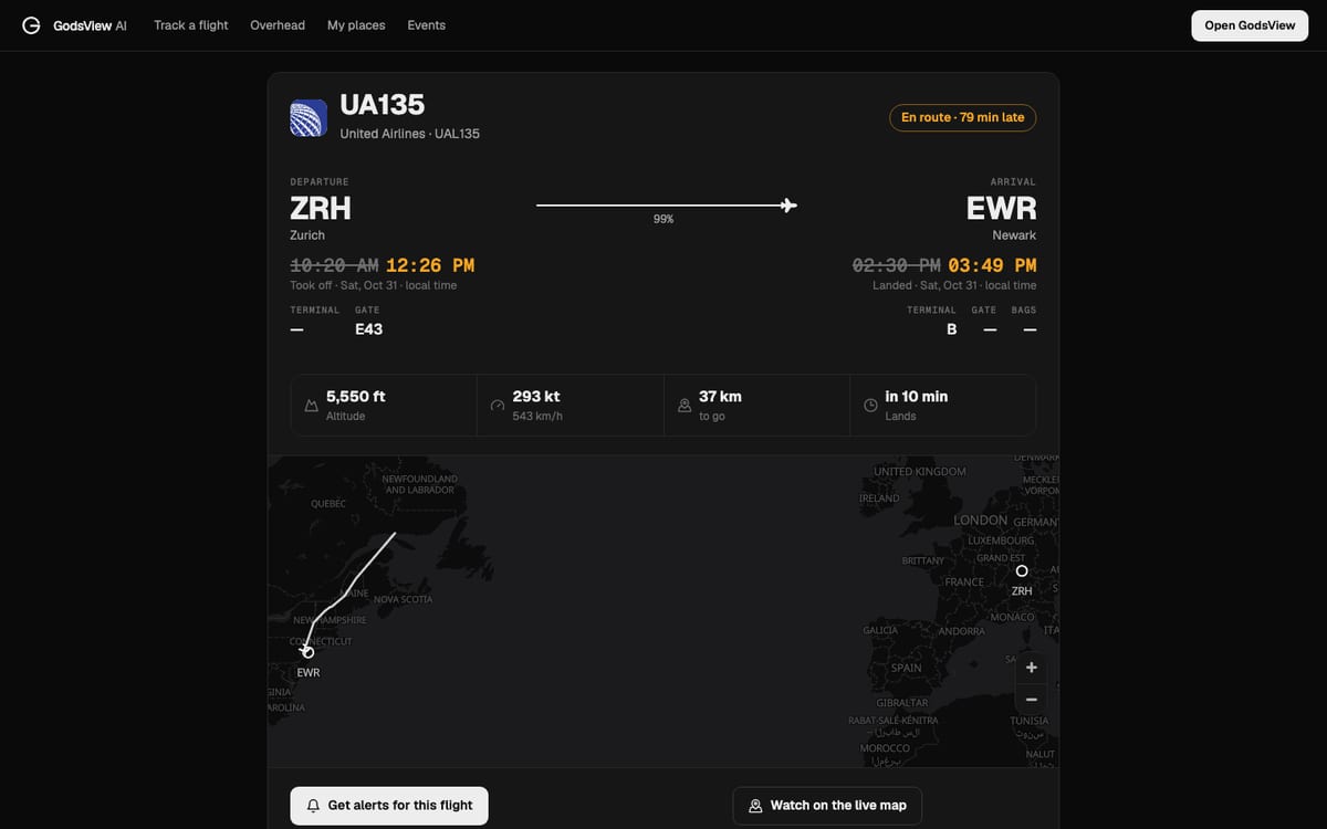 The GodsView flight page for United UA135 from Zurich to Newark: delay, gates, altitude, speed, distance to go and landing time