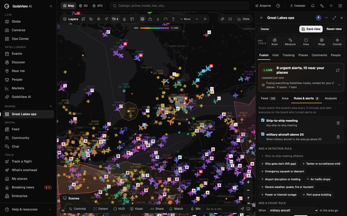 Fusion Rules and alerts on a GodsView board: two active rules and the detection rule templates