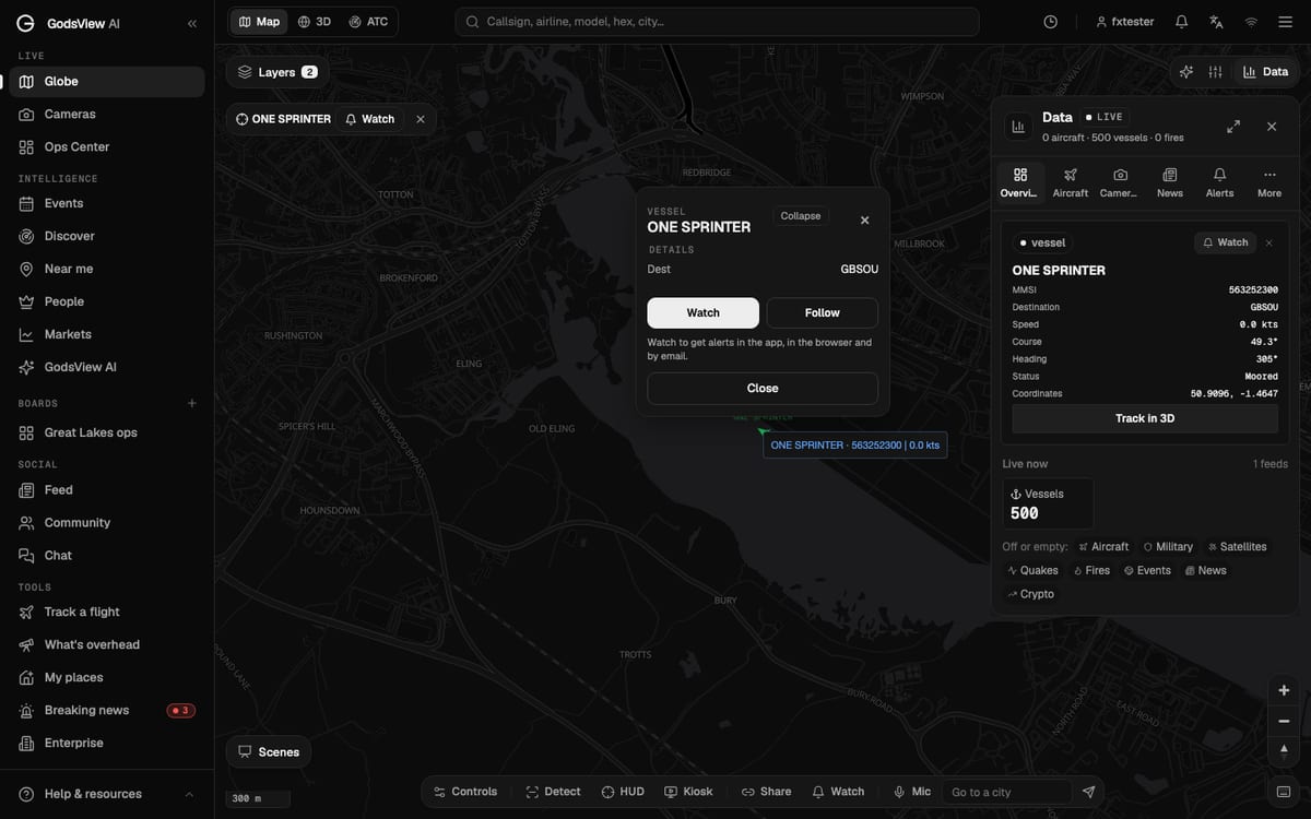 Container ship ONE SPRINTER selected at Southampton on GodsView: destination, MMSI, speed, course, heading and Moored status