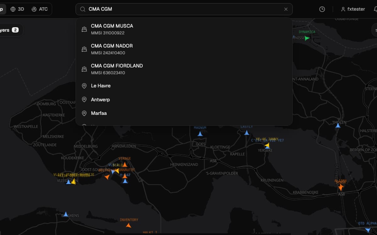 Searching CMA CGM in GodsView lists matching ships by name with their MMSI, plus ports and places