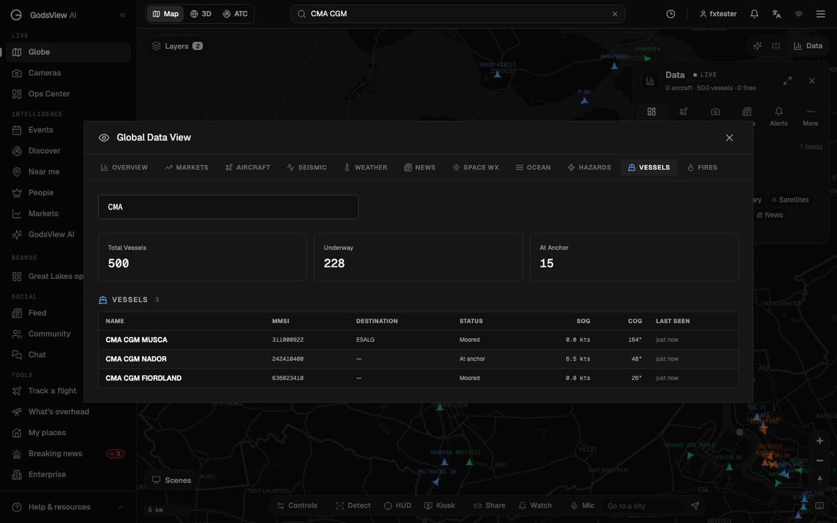 The vessels table in the GodsView Global Data View filtered to CMA ships, with MMSI, destination, status, speed and course