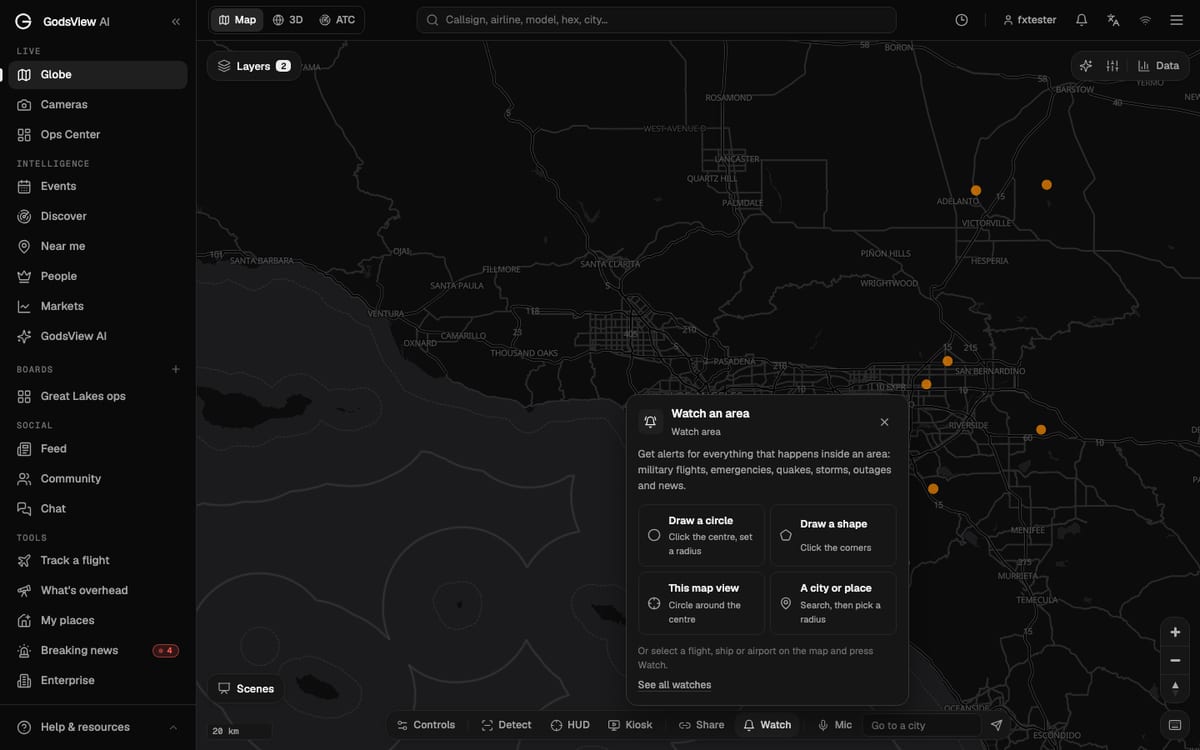 The GodsView Watch an area menu: draw a circle, draw a shape, this map view, or a city or place